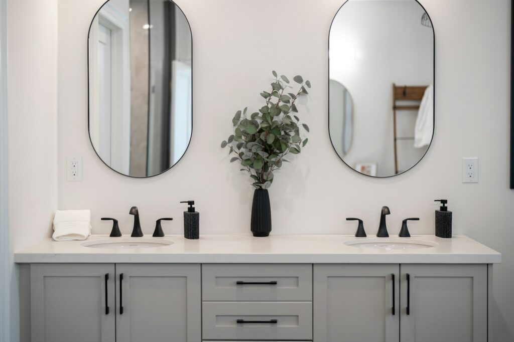 Double-sink vanity in soft grey