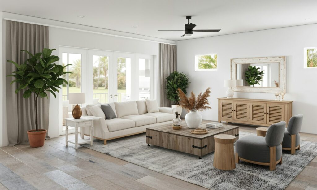 Living room with a neutral sectional and big windows