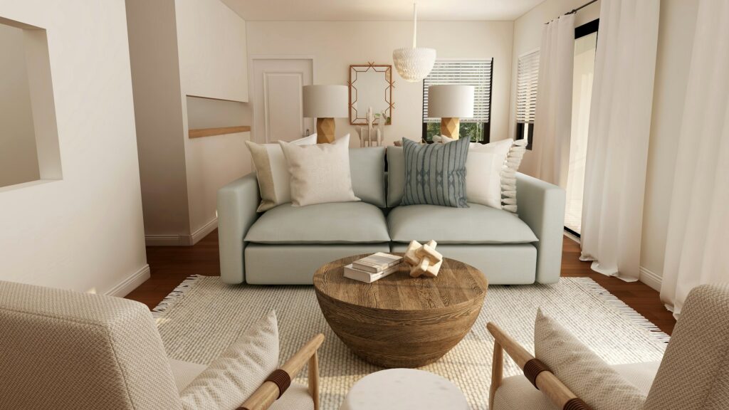 Sofa and round coffee table in soft coastal tones