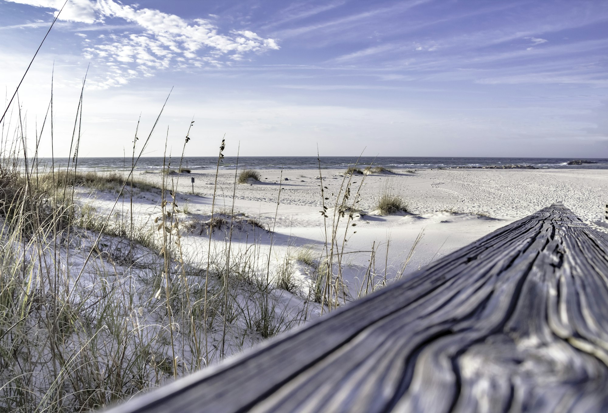 Weathered boardwalk through sea oats to the sand